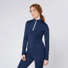 CAMEO Core Collection Baselayer in Navy featuring a contrast white quarter-zip and technical 4-way stretch CameoTech fabric. This professional equestrian top is designed with a tailored silhouette, ergonomic flat-lock seams, and active moisture-wicking properties for high-performance riding and training in the UK.