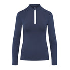CAMEO Core Collection Baselayer in Navy featuring a contrast white quarter-zip and a professional tailored silhouette. Crafted from technical CameoTech 4-way stretch fabric, this premium equestrian top offers active thermoregulation, moisture-wicking performance, and anti-chafing flat-lock seams for elite riders.