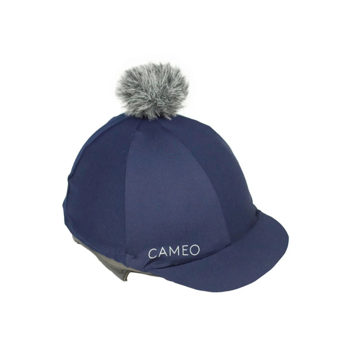 CAMEO Core Hat Silk in Indigo featuring a detachable grey faux-fur pom-pom and high-recovery CameoTech 4-way stretch fabric. This technical equestrian helmet cover is designed to provide a wrinkle-free fit over jockey skulls, complete with a flexible peak and secure elasticated hem for daily schooling or British competition.