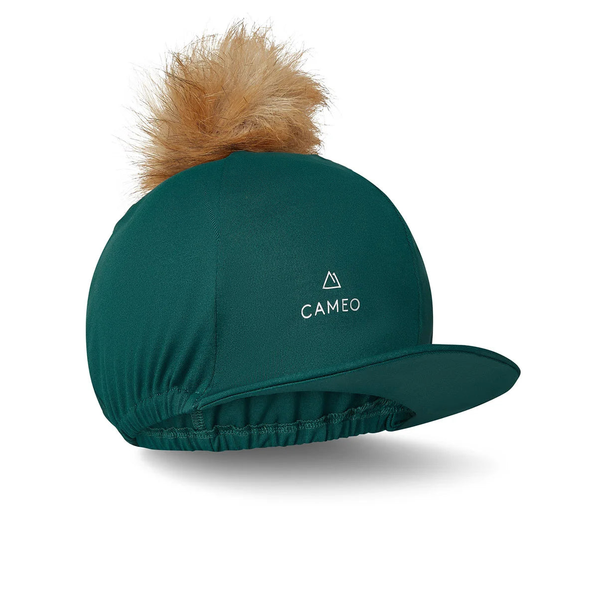 CAMEO Core Hat Silk in EverGreen featuring a detachable faux-fur pom-pom and 4-way stretch CameoTech performance fabric. Designed with a flexible peak and secure elasticated hem, this professional equestrian helmet cover provides a smooth, wrinkle-free fit for jockey skulls and riding hats in the UK.