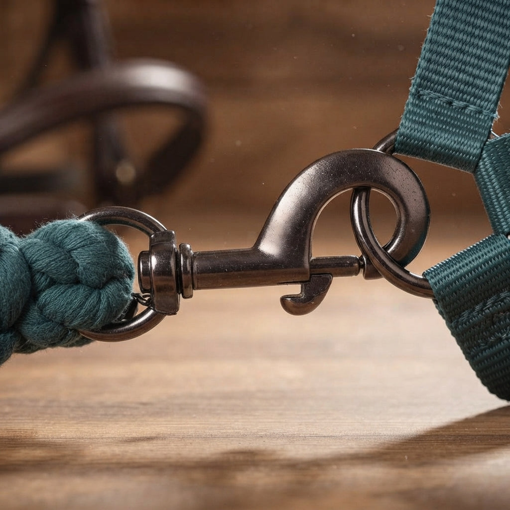 Close-up of a dark teal braided rope leash attached to a dark metal snap hook and matching dark teal webbing strap, set against a warm wooden background.