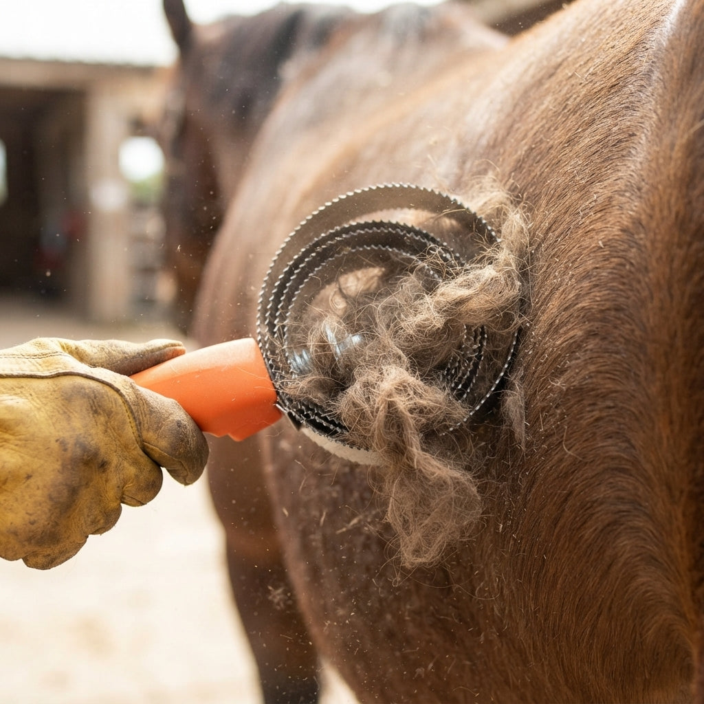 A close-up outdoor shot of a horse with a heavy winter coat being groomed with a CAMEO spring metal curry comb, which is effectively collecting a thick clump of loose winter hair in its circular metal rings.