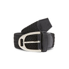 CAMEO Core Woven Stretch Belt in Black showcasing a rolled elastic braided webbing body, tonal leather chapes, and a chrome stirrup buckle engineered for infinite micro-adjustability and non-restrictive stretch comfort over riding breeches.