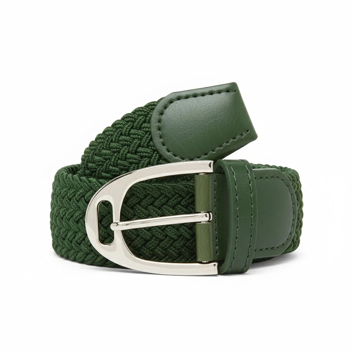 CAMEO Core Woven Stretch Belt in Green showcasing a rolled elastic braided webbing body, tonal leather chapes, and a chrome stirrup buckle engineered for infinite micro-adjustability and non-restrictive stretch comfort over riding breeches.