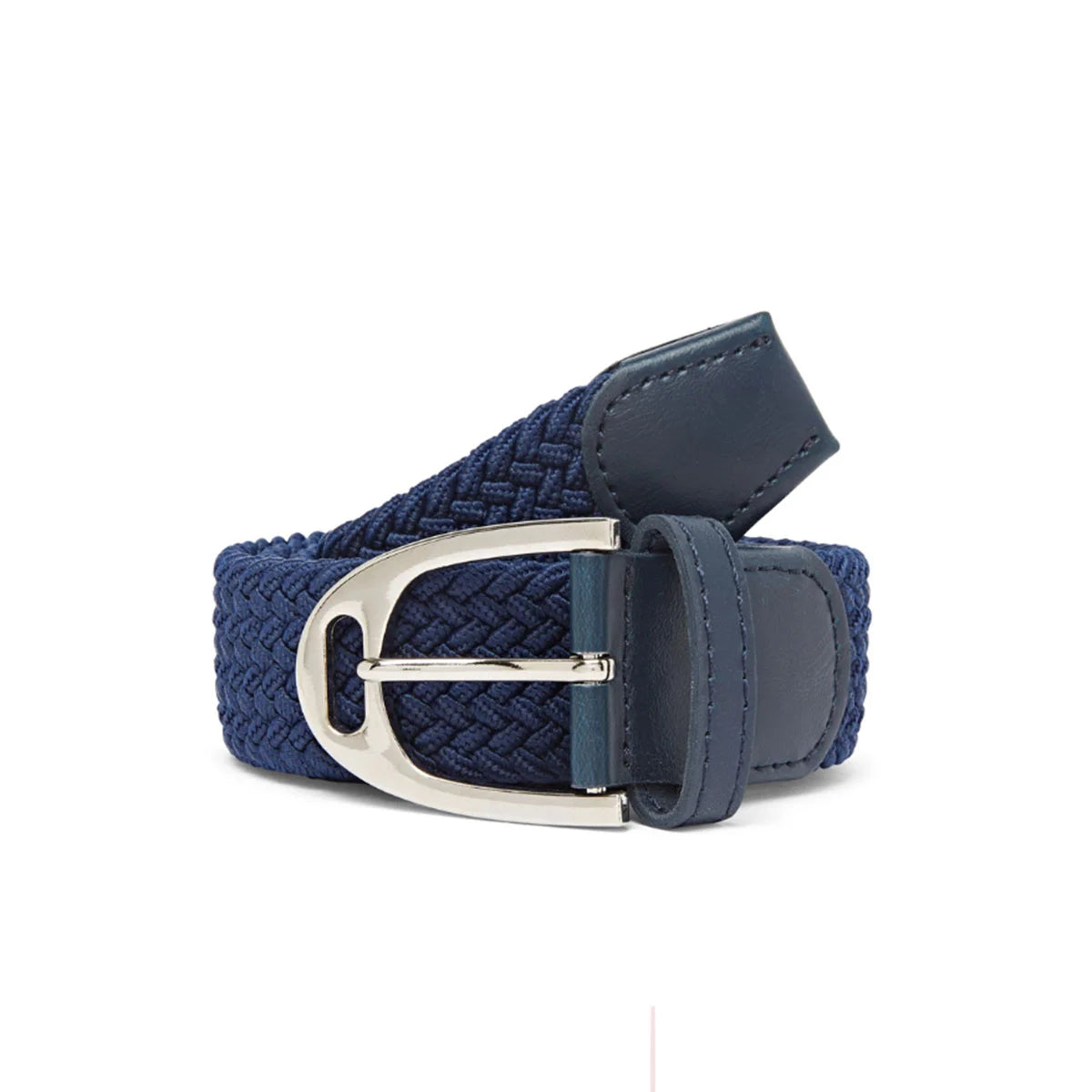 CAMEO Core Woven Stretch Belt in Navy showcasing a rolled elastic braided webbing body, tonal leather chapes, and a chrome stirrup buckle engineered for infinite micro-adjustability and non-restrictive stretch comfort over riding breeches.