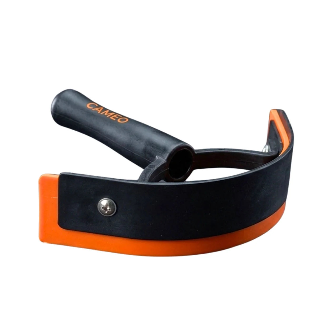 CAMEO Curved Ergonomic Sweat Scraper in Orange with an anatomical handle and contoured edge for easy equine wash grooming.