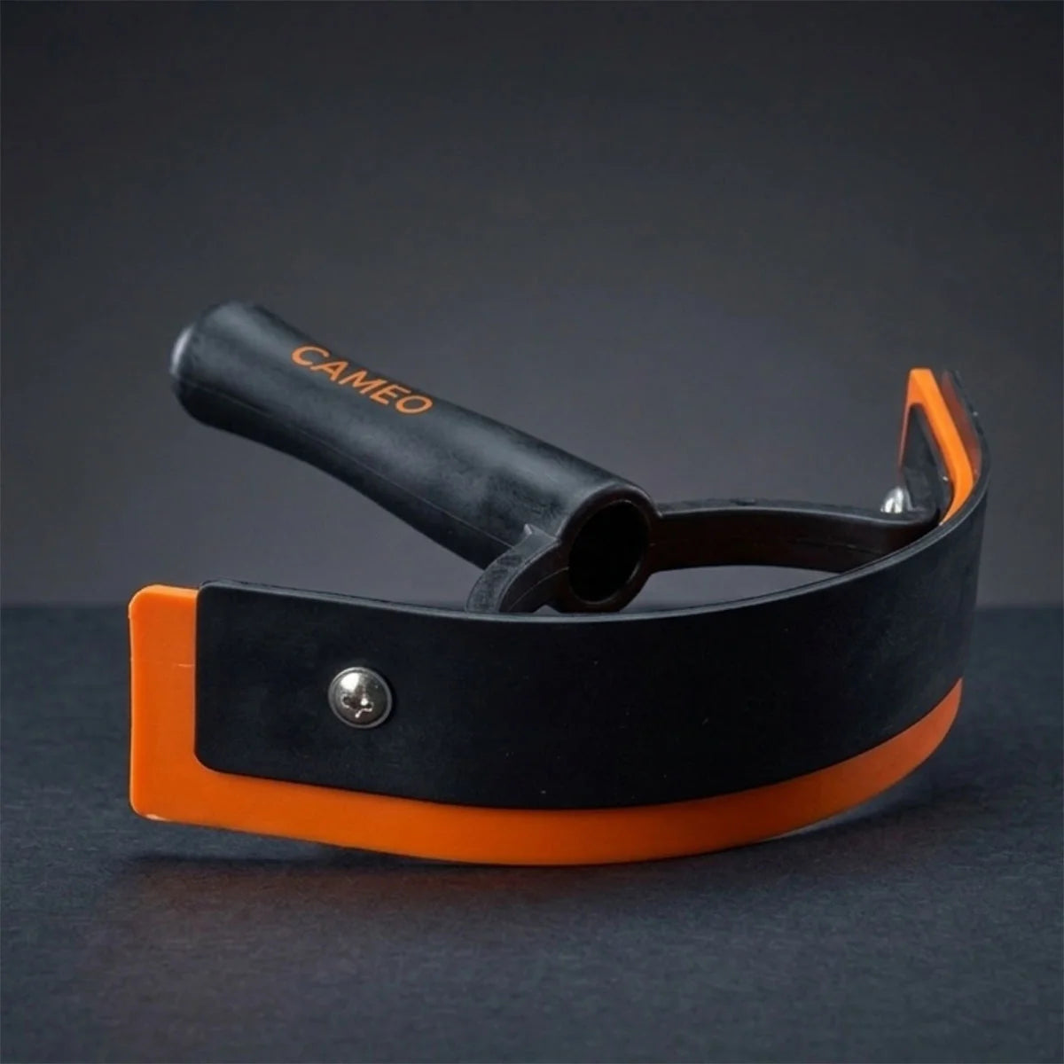 CAMEO Curved Ergonomic Sweat Scraper in Orange featuring a flexible rubber blade to efficiently clear excess water post-wash.
