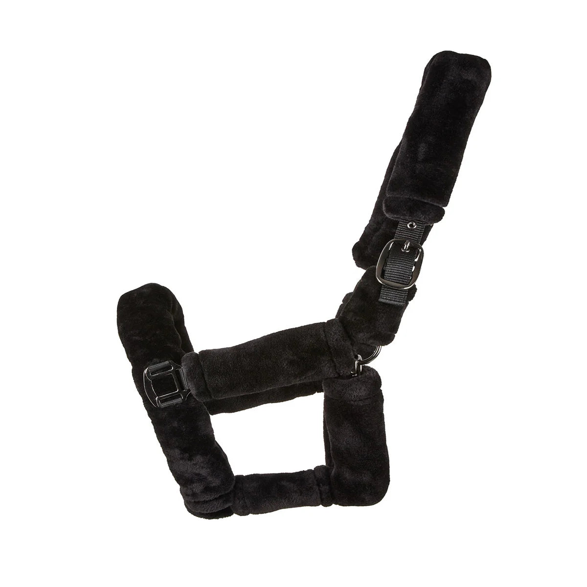 CAMEO Deluxe Headcollar in Black featuring all-over plush fleece cushioning and adjustable buckles to prevent stable rubs.