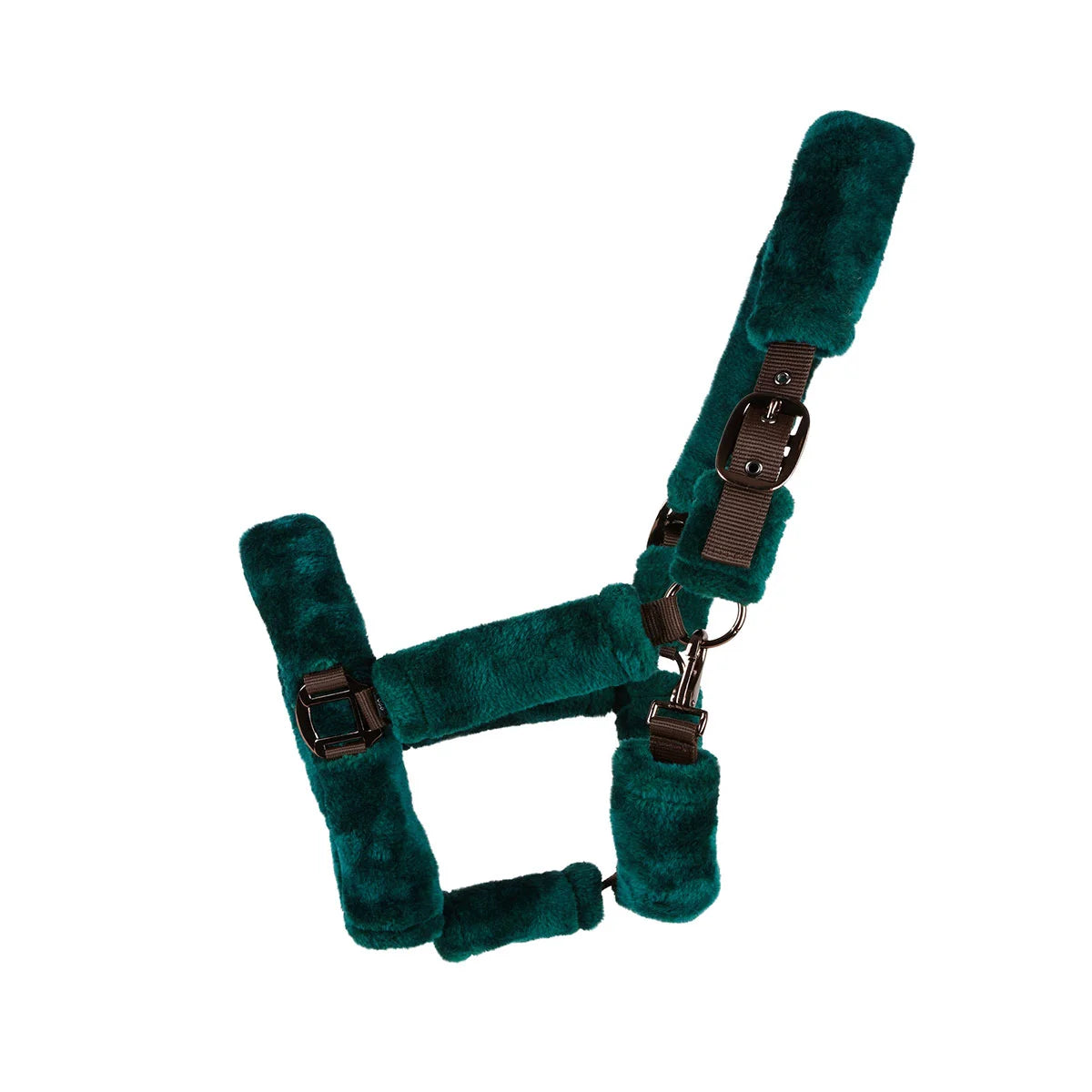 CAMEO Deluxe Headcollar in EverGreen featuring thick anti-rub fleece padding and Cacao anti-rust hardware for travel comfort.