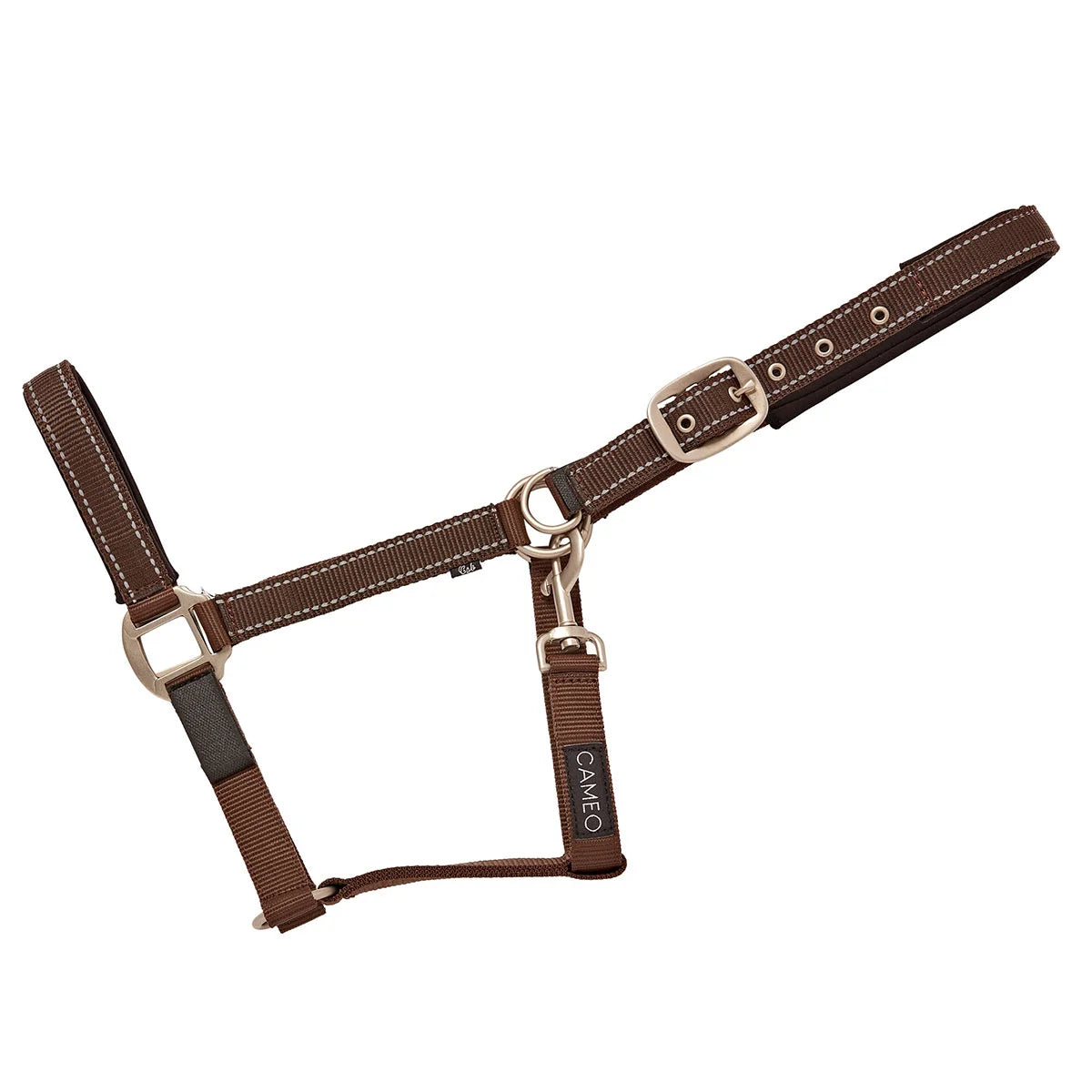 CAMEO FieldSafe Headcollar in Brown/Reflective showcasing dual woven reflective stripes, anti-rub neoprene padding, and 2-in-1 breakaway safety tabs engineered for low-light night visibility, paddock protection, and daily stable handling.