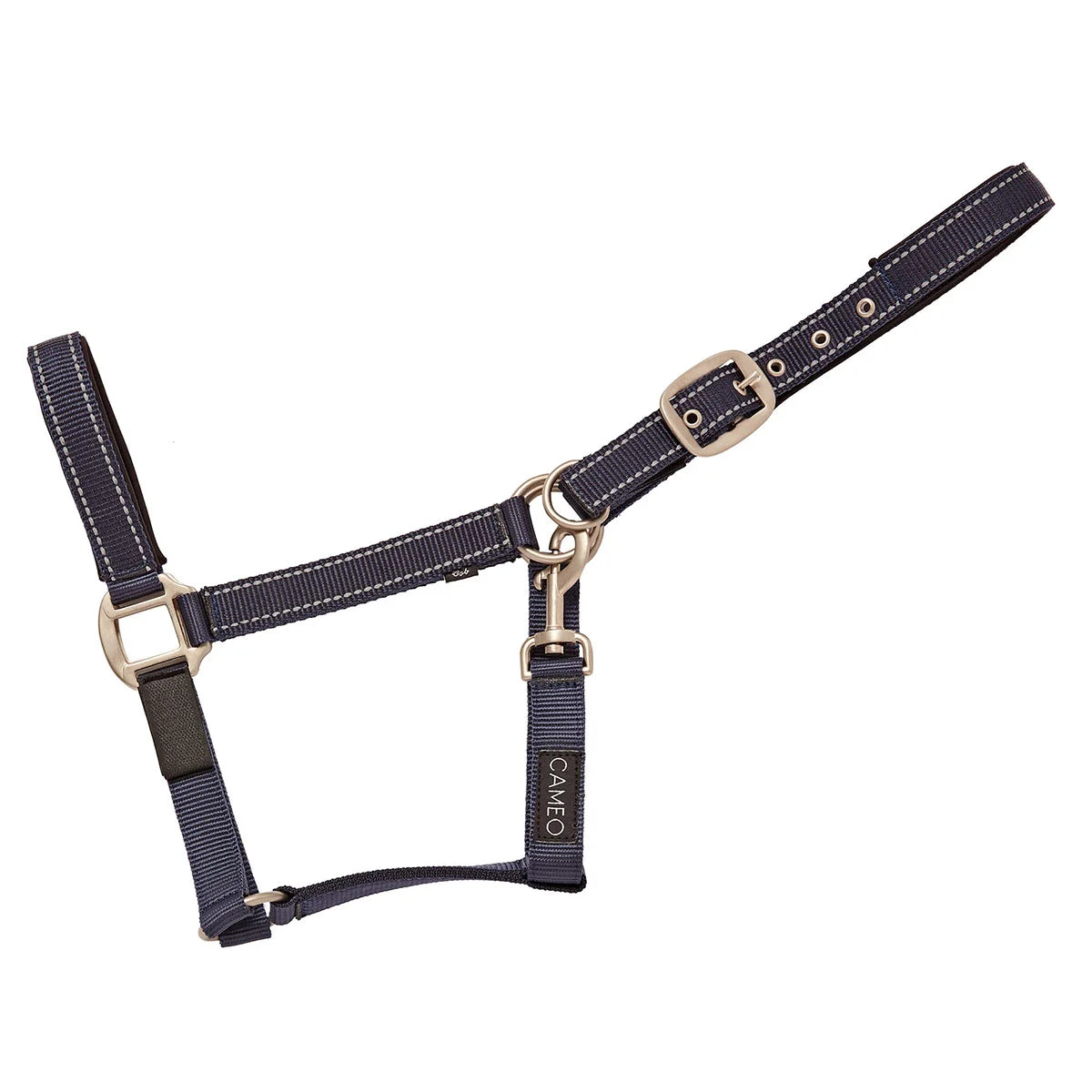 CAMEO FieldSafe Headcollar in Navy/Reflective showcasing dual woven reflective stripes, anti-rub neoprene padding, and 2-in-1 breakaway safety tabs engineered for low-light night visibility, paddock protection, and daily stable handling.
