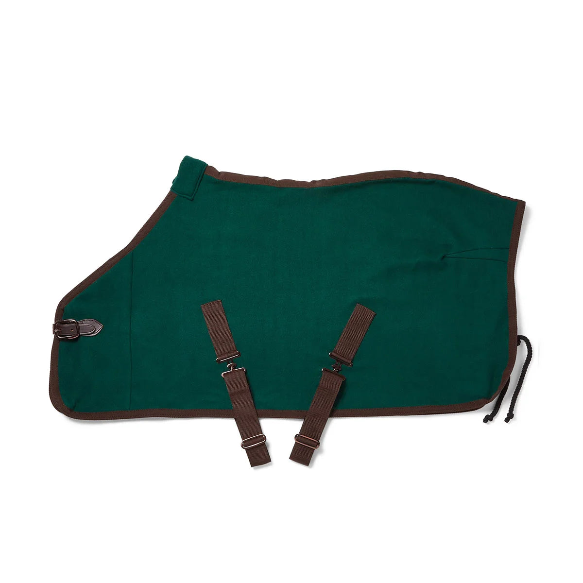 CAMEO Fleece Show Rug in EverGreen featuring contrast brown binding, rolled wither relief collar, genuine leather front strap closure, and cross surcingles.
