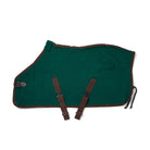 CAMEO Fleece Show Rug in EverGreen featuring contrast brown binding, rolled wither relief collar, genuine leather front strap closure, and cross surcingles.