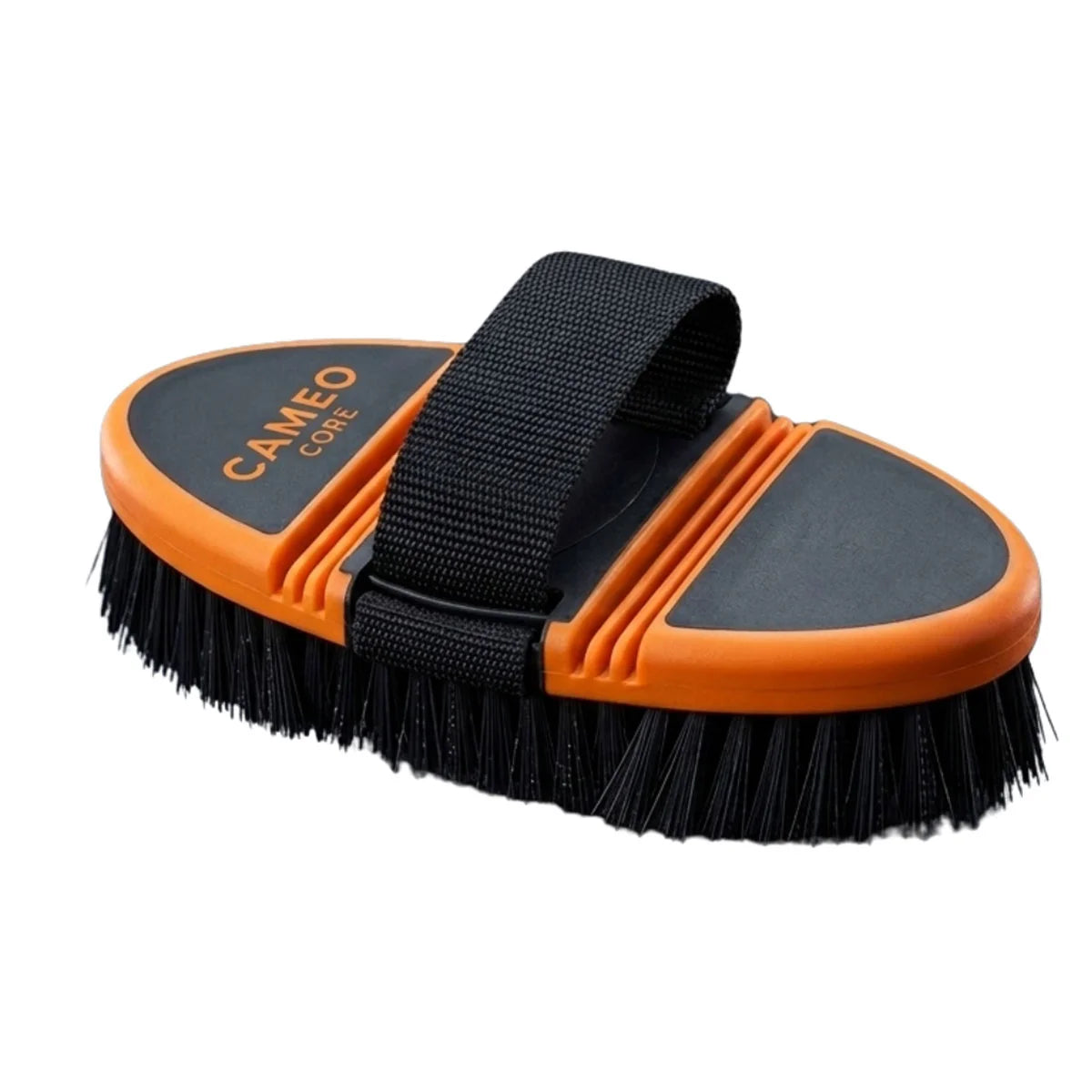 CAMEO Flexi Grooming Brush in Orange featuring an elasticated hand strap and dense bristles for thorough equine coat cleaning.