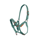 CAMEO Foal Headcollar in Evergreen shown on a white background, showcasing the 3-way multi-adjustable buckle points, reinforced metal eyelets, soft-touch poly-webbing, and Cacao bronze-tone hardware engineered for custom youngstock growth, non-chafing comfort, and gentle early halter training.