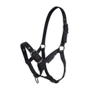 CAMEO Foal Headcollar in Black shown on a white background, showcasing the 3-way multi-adjustable buckle points, reinforced metal eyelets, soft-touch poly-webbing, and matte black hardware engineered for custom youngstock growth, non-chafing comfort, and gentle early halter training and turnout.