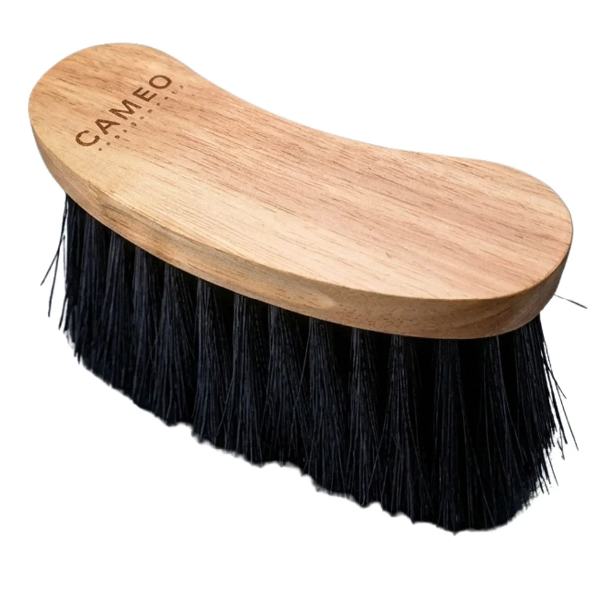 CAMEO Heritage Flick Brush in Natural Wood with an ergonomic curved hardwood back and dense flicking bristle trim.