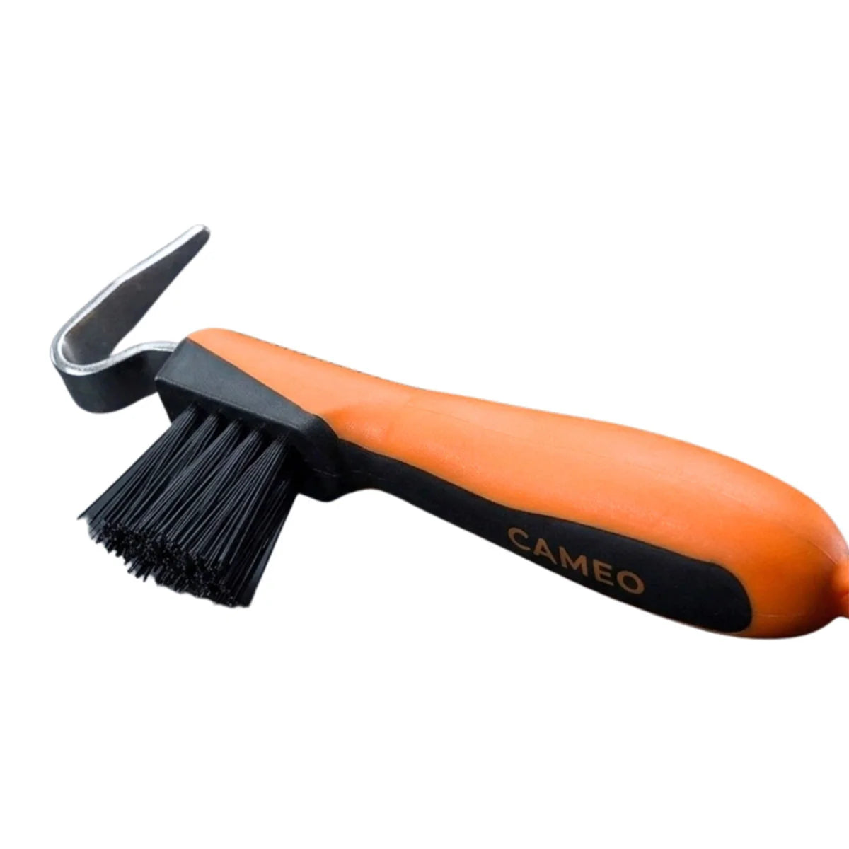 CAMEO Hoof Pick with Brush in Orange featuring a reinforced steel pick and stiff cleaning bristles for daily hoof care.