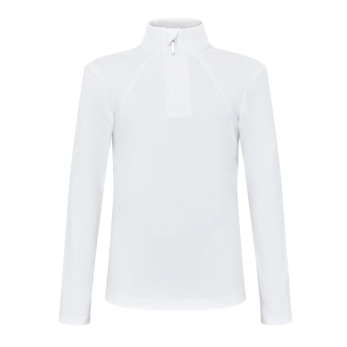 CAMEO Junior Core Baselayer in White designed for British equestrian competition and show days. Featuring technical CameoTech 4-way stretch fabric, a quarter-zip stand collar with chin guard, and anti-chafing flat-lock seams, this youth riding top ensures moisture-wicking comfort and a professional fit.