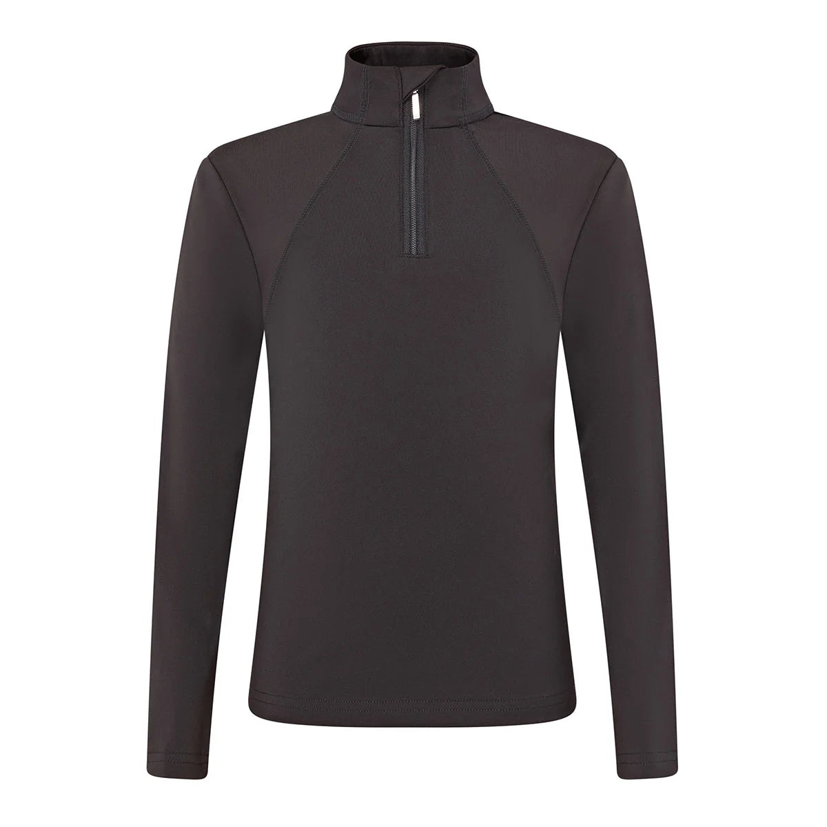CAMEO Junior Core Baselayer in Mocha featuring advanced CameoTech 360-degree stretch fabric and a quarter-zip stand collar with a protective chin guard. This high-performance youth equestrian top is engineered with moisture-wicking technology and flat-lock seams for all-day comfort in the saddle.