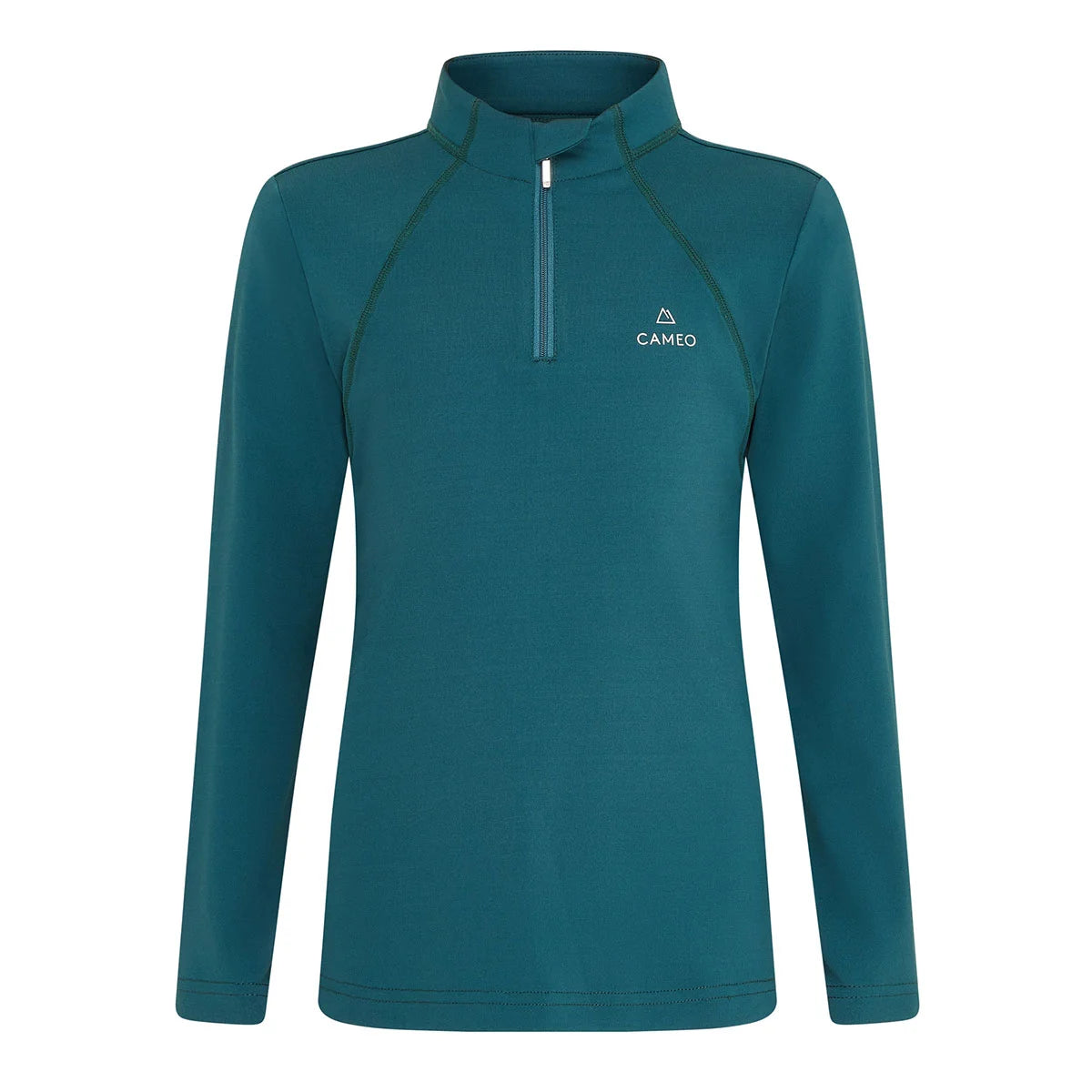 CAMEO Junior Core Baselayer in EverGreen featuring CameoTech 360-degree 4-way stretch microfibre. This high-performance youth equestrian top includes a quarter-zip stand collar with chin guard, ergonomic raglan sleeves, and anti-chafing flat-lock seams for maximum comfort during training and Pony Club.
