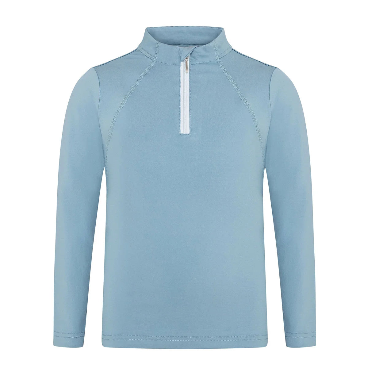 CAMEO Junior Core Baselayer in Cloud Blue featuring a contrast white quarter-zip and technical CameoTech 4-way stretch fabric. This high-performance youth equestrian top provides active thermoregulation, moisture-wicking properties, and ergonomic flat-lock seams for comfort during training and Pony Club.
