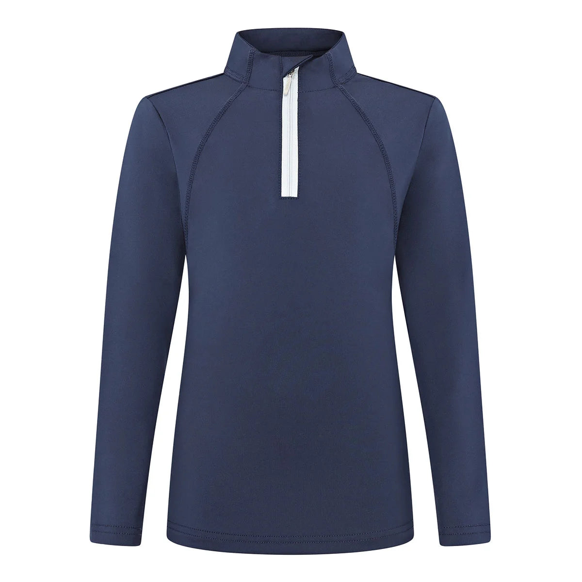 CAMEO Junior Core Baselayer in Navy featuring a contrast white quarter-zip and breathable CameoTech 4-way stretch fabric. This technical youth equestrian top provides active thermoregulation, moisture-wicking performance, and flat-lock seams for comfort during Pony Club training and riding in the UK.