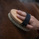 A close-up of a hand holding a horse grooming brush with a light wood handle, white bristles, and a black wrist strap against dark brown horse fur.