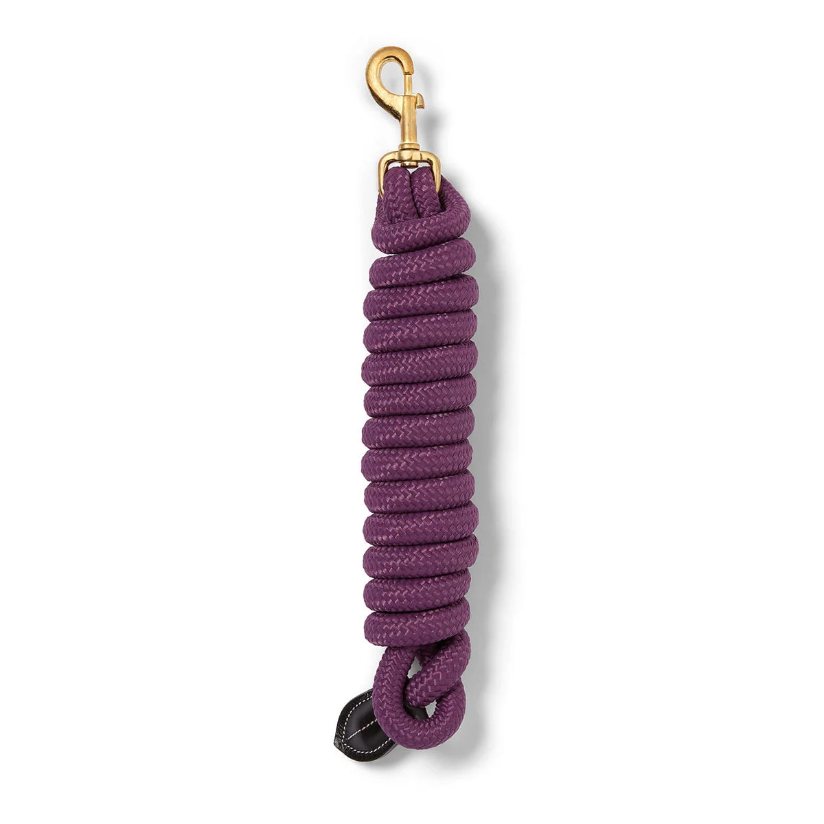 CAMEO Performance Lasso Rope in Purple shown coiled on a white background, showcasing the 16mm multi-filament braided yachting rope, solid brass swivel trigger snap, and stitched leather popper engineered for burn-free grip, youngstock education, and natural horsemanship groundwork control.