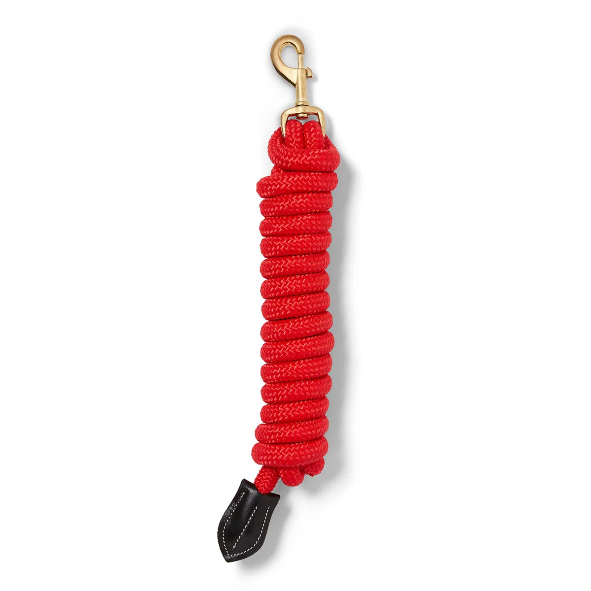 CAMEO Performance Lasso Rope in Red shown coiled on a white background, showcasing the 16mm multi-filament braided yachting rope, heavy-duty brass swivel trigger snap, and stitched leather popper engineered for burn-free grip, youngstock education, and natural horsemanship groundwork control.