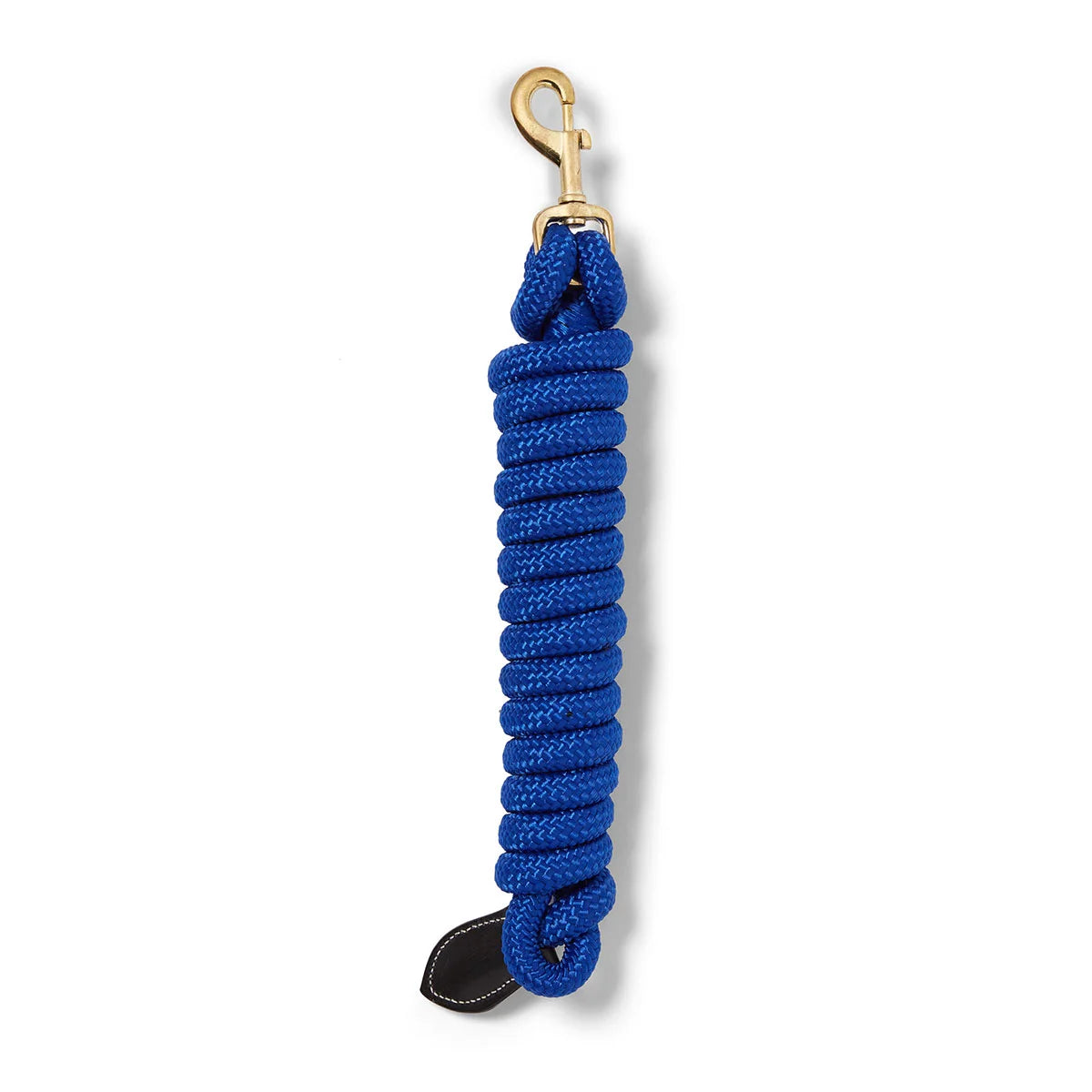 CAMEO Performance Lasso Rope in Royal shown coiled on a white background, showcasing the 16mm multi-filament braided yachting rope, heavy-duty brass swivel trigger snap, and stitched leather popper engineered for burn-free grip, youngstock education, and natural horsemanship groundwork control.