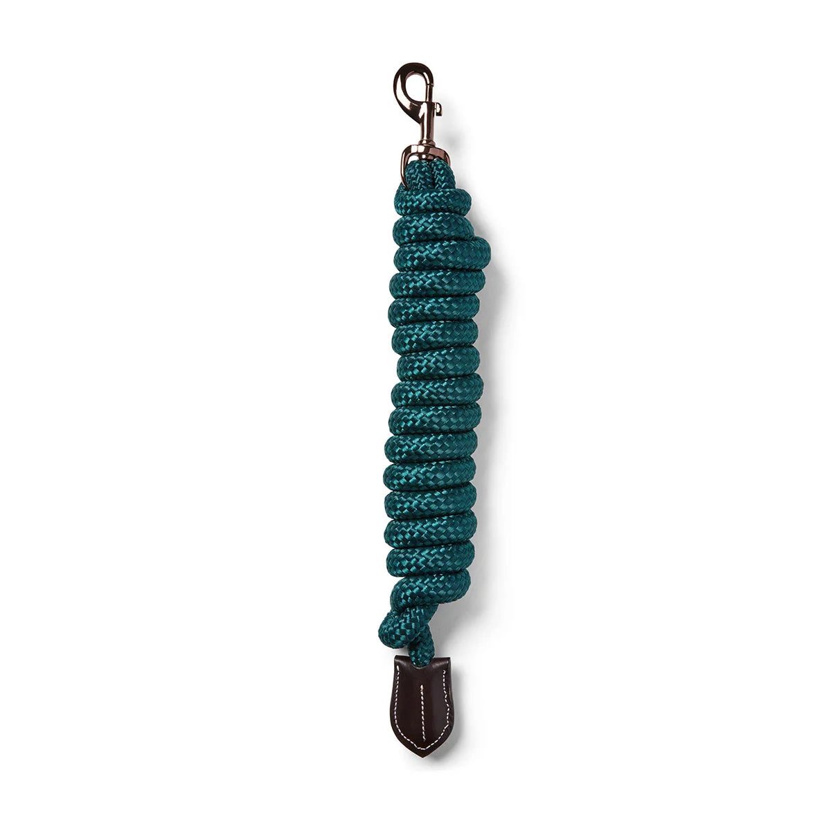 CAMEO Performance Lasso Rope in EverGreen shown coiled on a white background, showcasing the 16mm multi-filament braided yachting rope, Cacao bronze swivel trigger snap, and stitched leather popper engineered for burn-free grip, youngstock education, and natural horsemanship groundwork control.