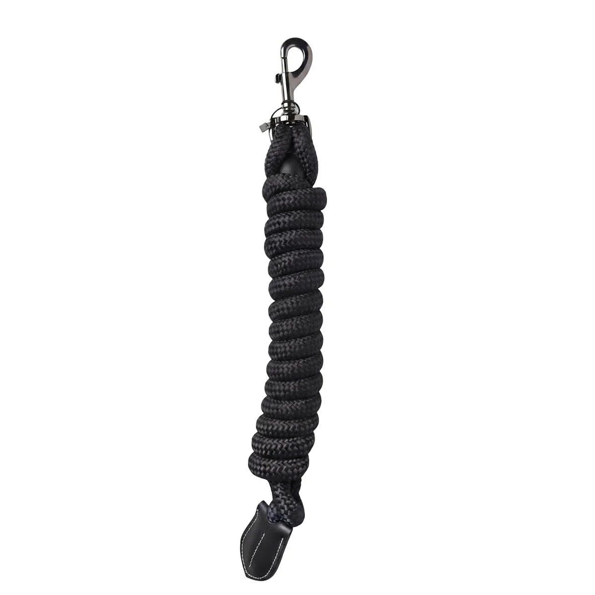 CAMEO Performance Lasso Rope in Black shown coiled on a white background, showcasing the 16mm multi-filament braided yachting rope, heavy-duty swivel trigger snap, and stitched leather popper engineered for burn-free grip, youngstock education, and natural horsemanship groundwork control.