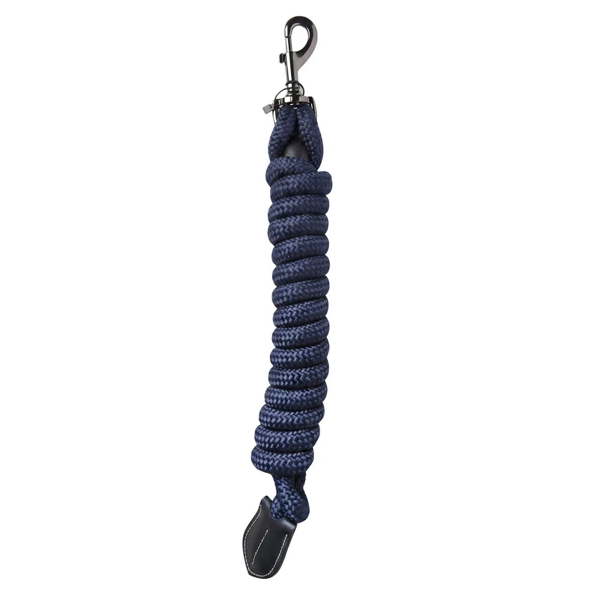 CAMEO Performance Lasso Rope in Navy shown coiled on a white background, showcasing the 16mm multi-filament braided yachting rope, heavy-duty swivel trigger snap, and stitched leather popper engineered for burn-free grip, youngstock education, and natural horsemanship groundwork control.
