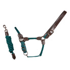 CAMEO Rope Leather Headcollar and Leadrope in Evergreen showcasing braided green yachting rope, brown leather poll strap, and bronze fittings, complete with a matching coiled leadrope and trigger clip for sensitive groundwork control and stableyard travel.