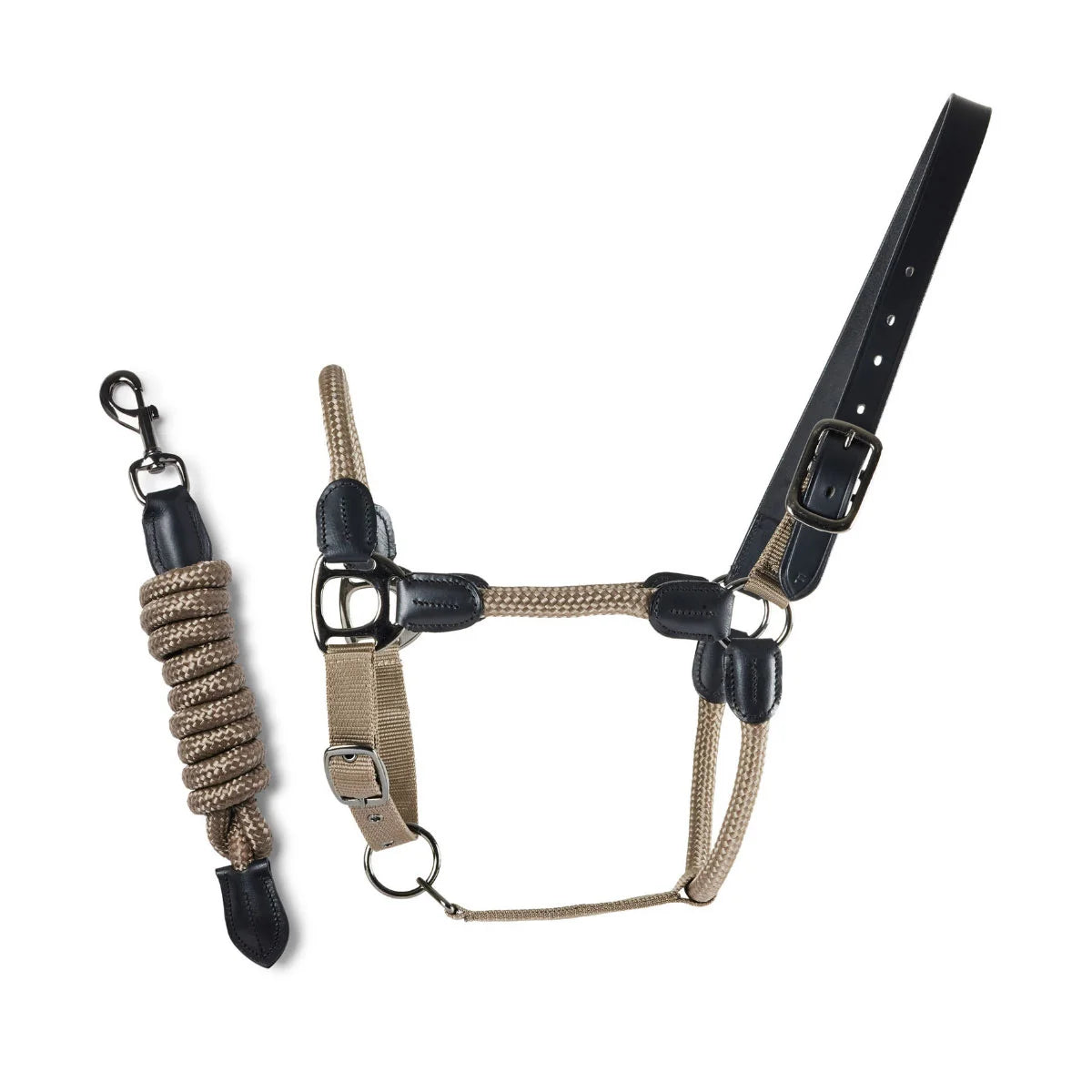 CAMEO Rope Leather Headcollar and Leadrope in Mocha showcasing braided yachting rope, black leather poll strap, and gunmetal hardware, complete with a matching coiled leadrope and trigger clip for sensitive groundwork control and stableyard travel.
