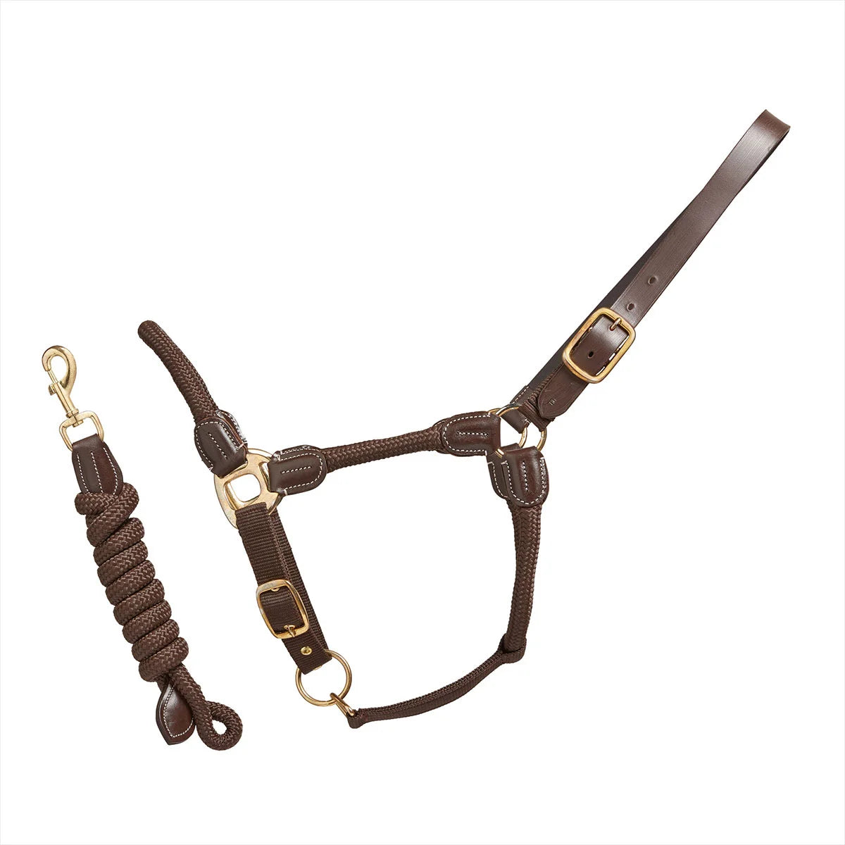 CAMEO Rope Leather Headcollar and Leadrope in Chocolate Brown showcasing braided yachting rope, rich brown leather poll strap, and solid brass hardware, complete with a matching coiled leadrope and trigger clip for sensitive groundwork control and stable travel.