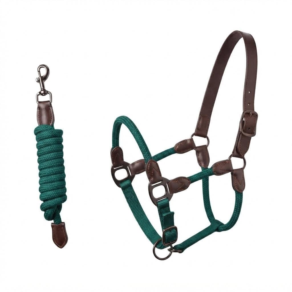 A horse halter and matching lead rope set on a plain white background. The halter features dark green webbing straps and brown leather accents, while the lead rope is a matching dark green braided cord with brown leather end caps and a silver metal snap hook.