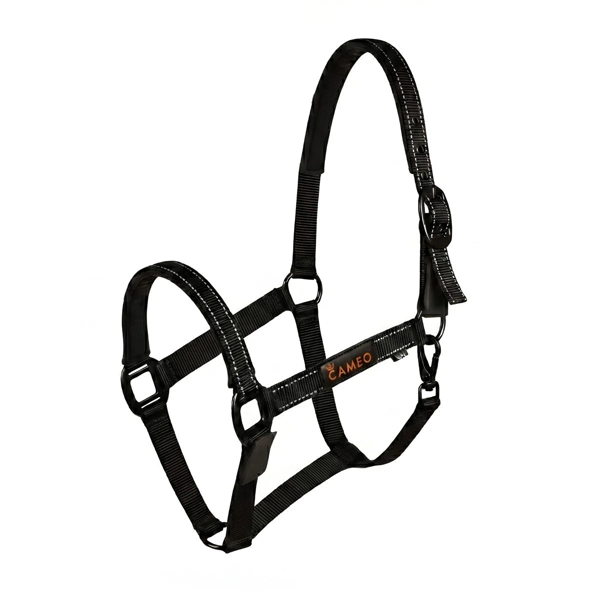 CAMEO Sentinel FieldSafe Headcollar in Black showcasing integrated reflective safety yarn, anti-rub neoprene padding, and matte black hardware engineered for breakaway paddock safety, low-light visibility, and comfortable turnout.
