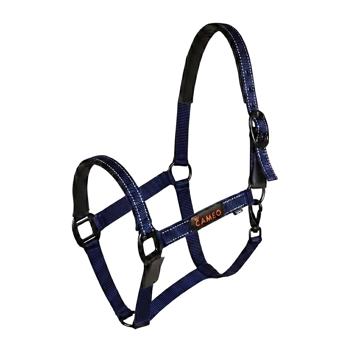 CAMEO Sentinel FieldSafe Headcollar in Navy showcasing integrated reflective safety yarn, anti-rub neoprene padding, and matte black hardware engineered for breakaway paddock safety, low-light visibility, and comfortable turnout.