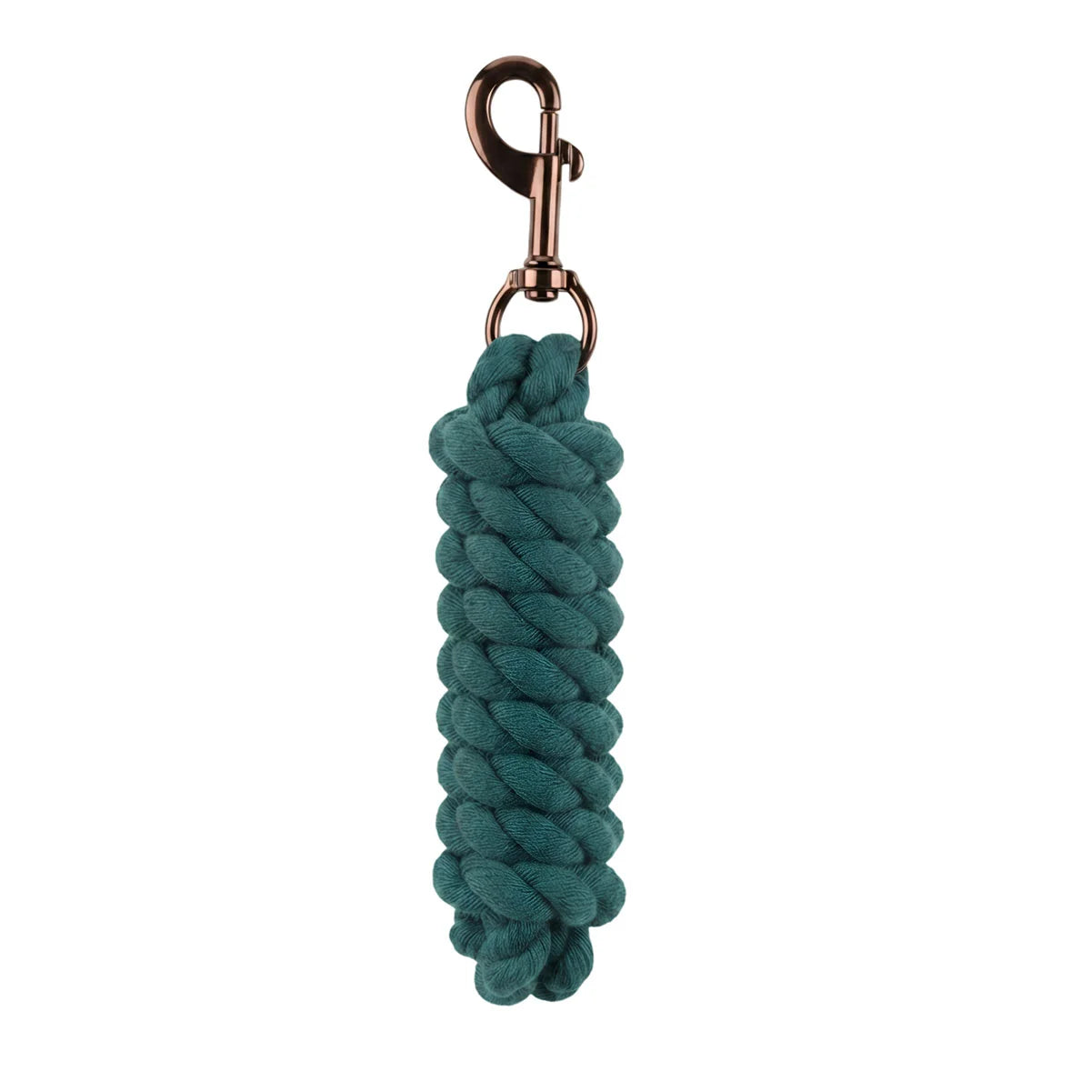 CAMEO Soft Polycotton Leadrope in EverGreen shown coiled on a white background, showcasing the tightly twisted 3-strand weave and signature Cacao bronze swivel trigger snap engineered for burn-free hand comfort, non-slip grip, and dependable control during daily stable duties and horse turnout.