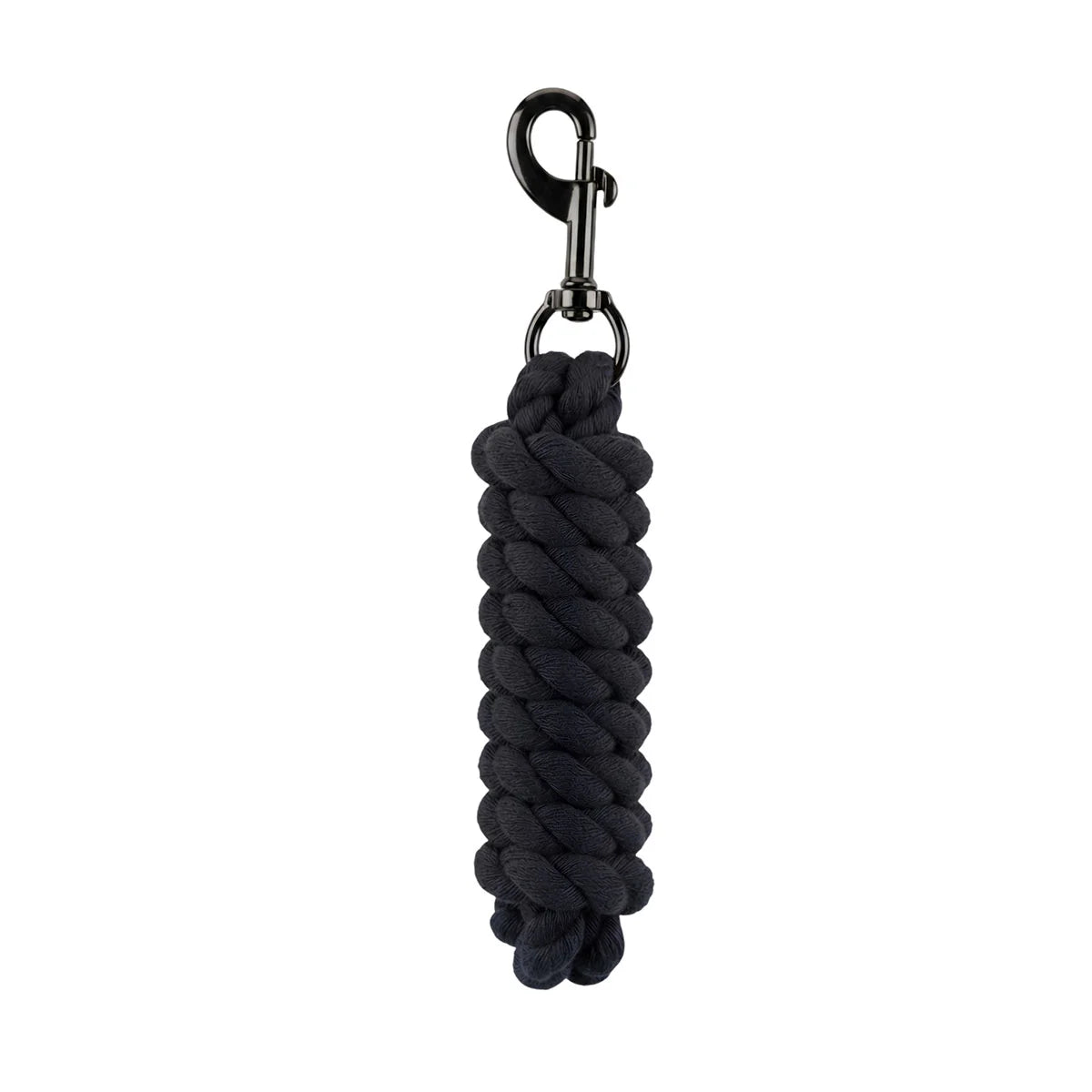 CAMEO Soft Polycotton Leadrope in Black shown coiled on a white background, showcasing the tightly twisted 3-strand weave and sleek matte black swivel trigger snap engineered for burn-free hand comfort, non-slip grip, and dependable control during daily stable duties, leading, and horse turnout.