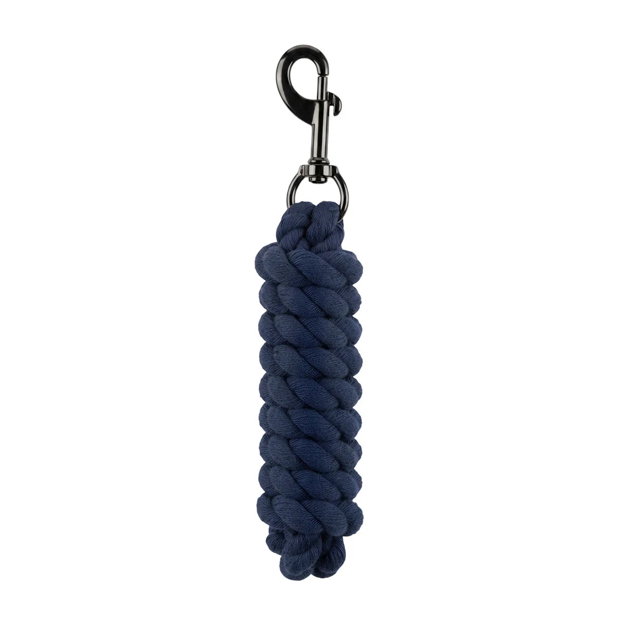 CAMEO Soft Polycotton Leadrope in Navy shown coiled on a white background, showcasing the tightly twisted 3-strand weave and sleek matte black swivel trigger snap engineered with soft cotton fibres for burn-free hand comfort, non-slip grip, and dependable control during daily stable duties and turnout.