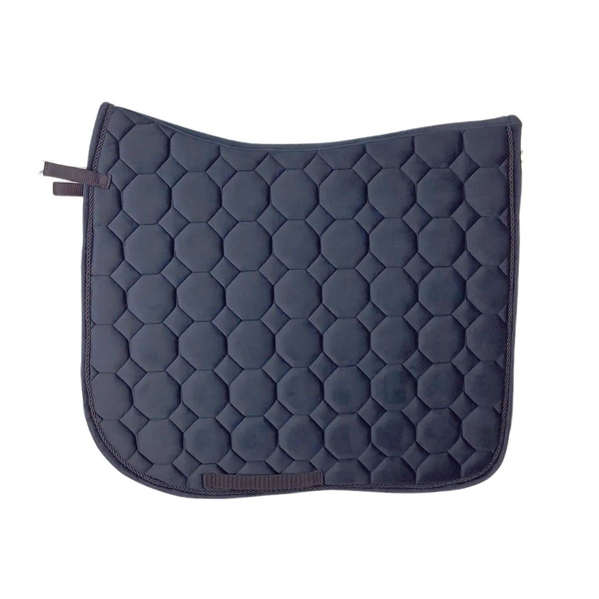 CAMEO Suede Dressage Saddlecloth in Black showcasing a straight-cut square profile, anatomical swan-neck high wither clearance, hexagonal honeycomb quilting, and tonal rope piping engineered with breathable foam for shock absorption, moisture-wicking comfort, and dressage saddle stability.