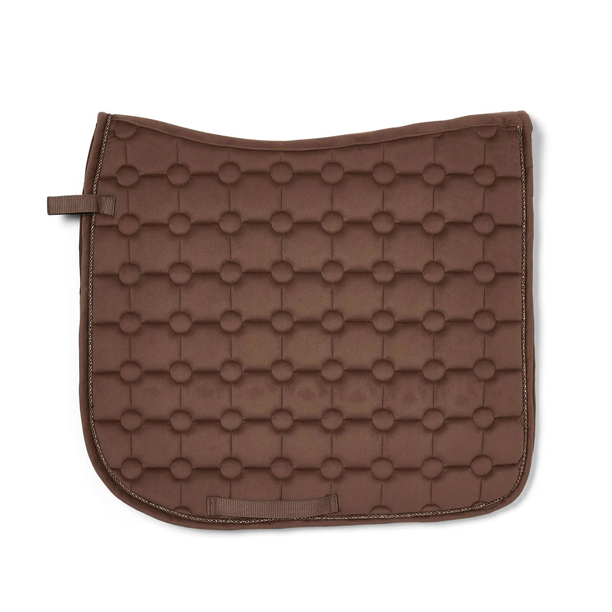 CAMEO Suede Dressage Saddlecloth in Chocolate Brown showcasing a straight-cut square profile, swan-neck high wither clearance, geometric circle-quilt pattern, and rope piping engineered with breathable foam for shock absorption, moisture-wicking comfort, and dressage saddle stability.