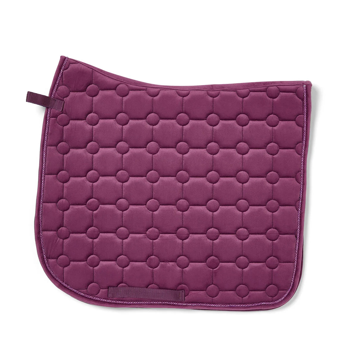 CAMEO Suede Dressage Saddlecloth in Deep Purple showcasing a straight-cut square profile, anatomical swan-neck high wither clearance, geometric circle-quilt pattern, and rope piping engineered with breathable foam for shock absorption, moisture-wicking comfort, and dressage saddle stability.