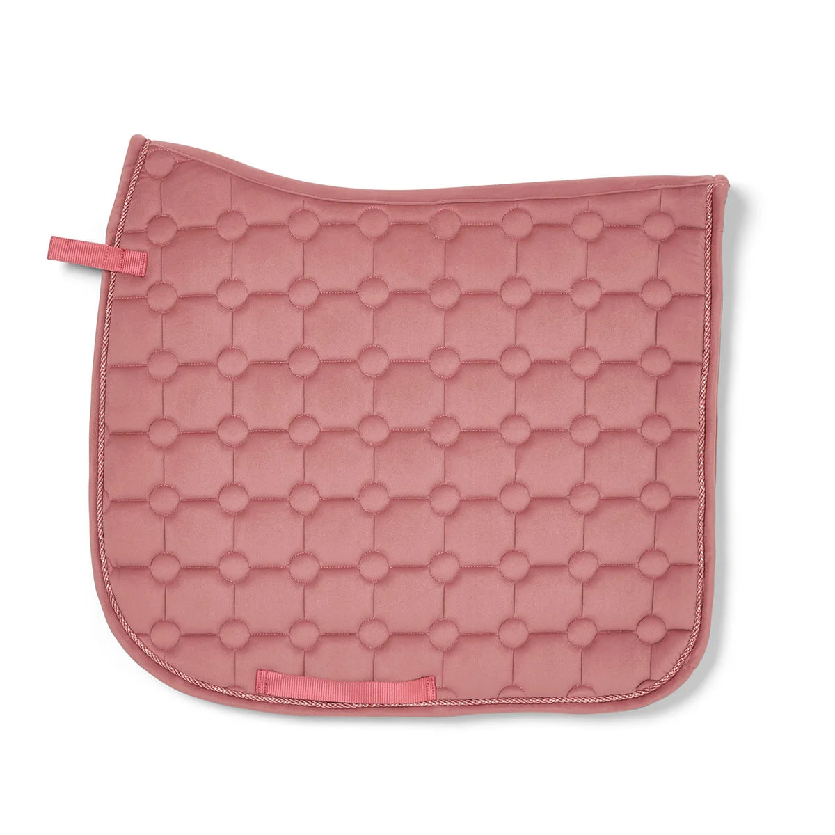 CAMEO Suede Dressage Saddlecloth in Dusky pink showcasing a straight-cut square profile, anatomical swan-neck high wither clearance, geometric circle-quilt pattern, and rope piping engineered with breathable foam for shock absorption, moisture-wicking comfort, and dressage saddle stability.