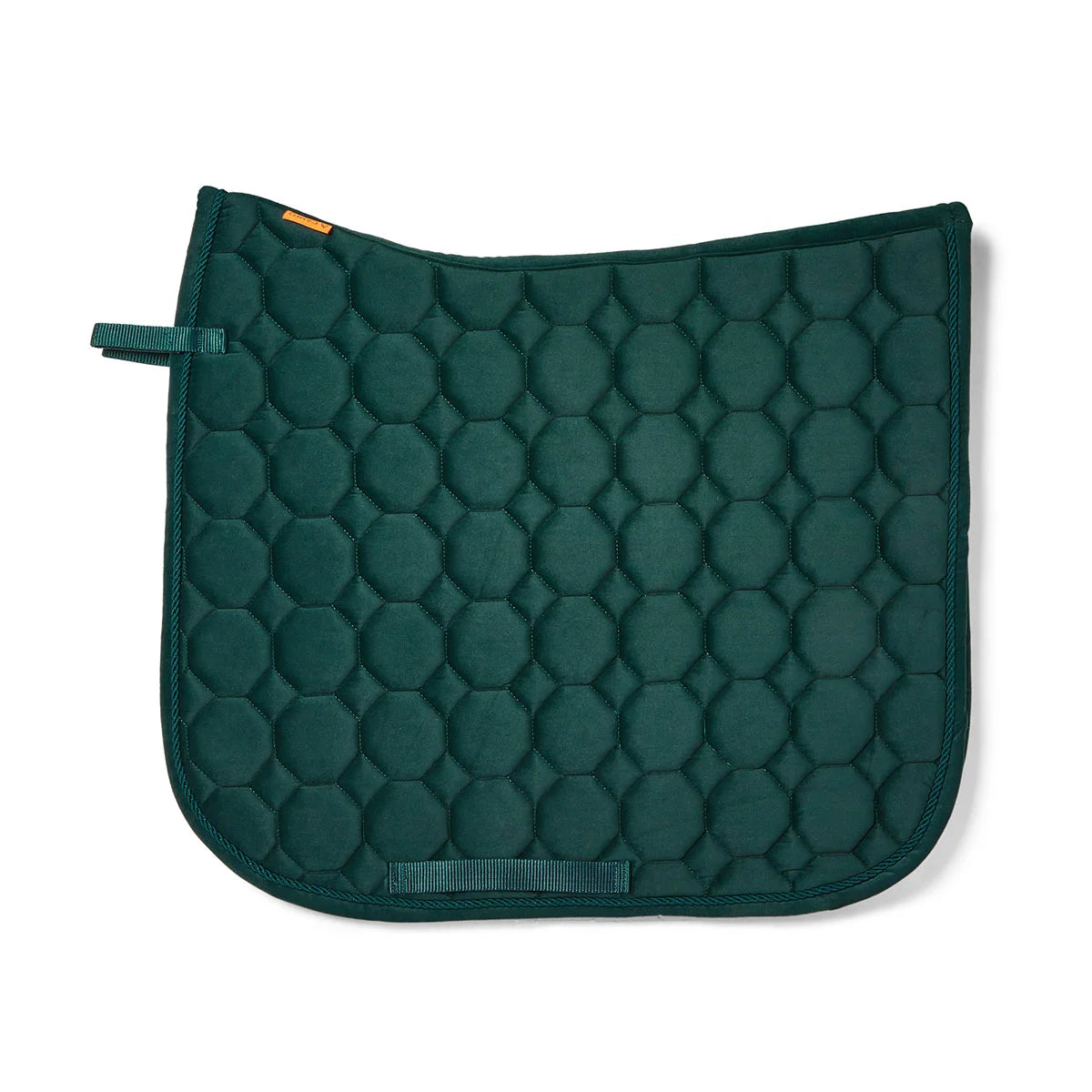 CAMEO Suede Dressage Saddlecloth in Evergreen showcasing a straight-cut square profile, anatomical swan-neck high wither clearance, hexagonal honeycomb quilting, and rope piping engineered with breathable foam for shock absorption, moisture-wicking comfort, and dressage saddle stability.