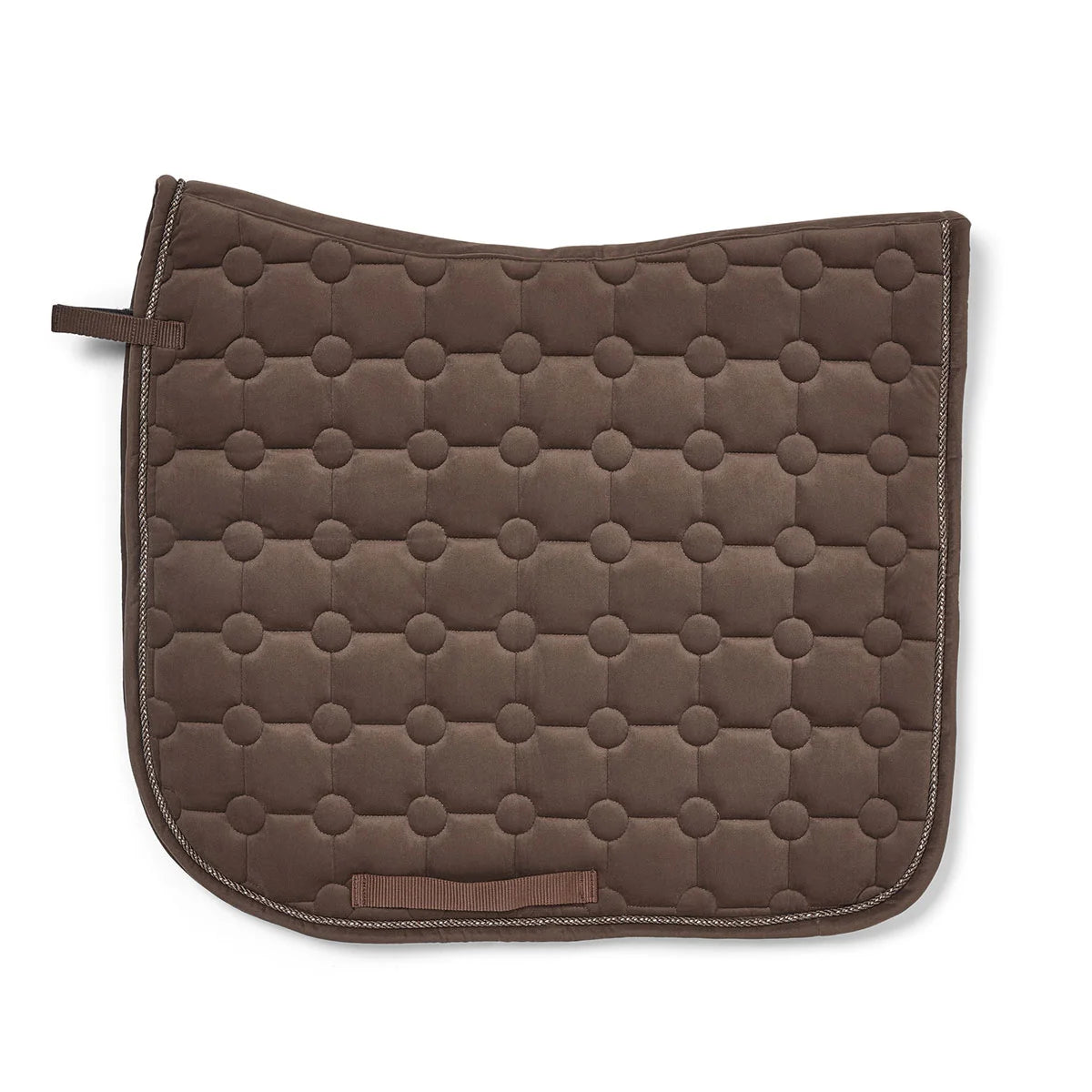 CAMEO Suede Dressage Saddlecloth in Mocha showcasing a straight-cut square profile, anatomical swan-neck high wither clearance, geometric circle-quilt design, and rope piping engineered with breathable foam for shock absorption, moisture-wicking comfort, and dressage saddle stability.