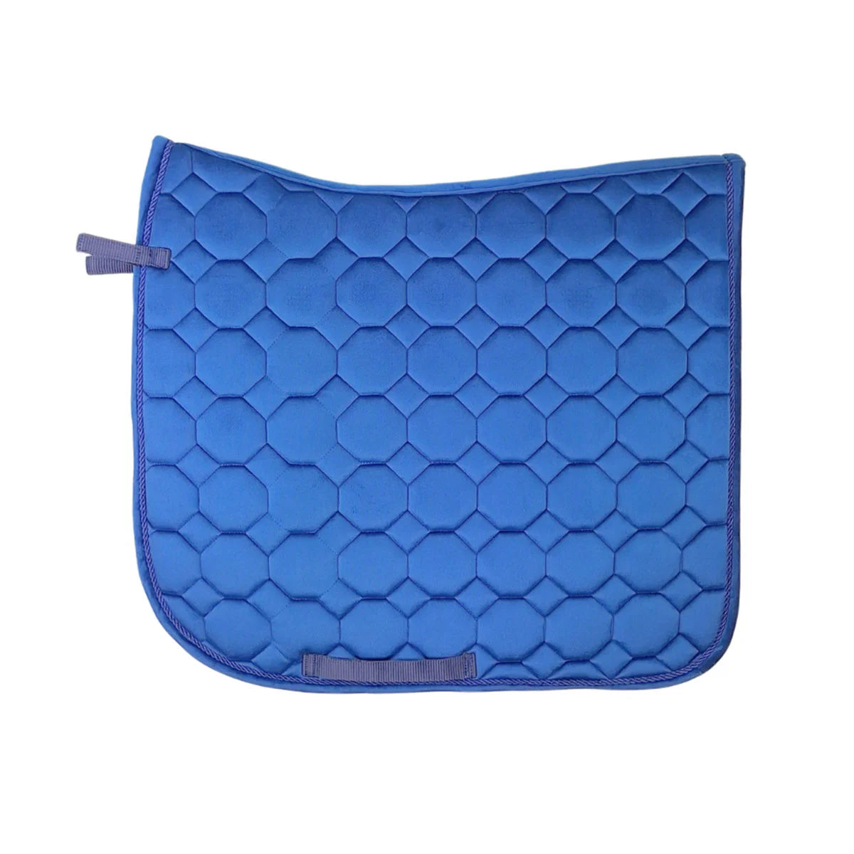 CAMEO Suede Dressage Saddlecloth in Navy showcasing a straight-cut square profile, anatomical swan-neck high wither clearance, hexagonal honeycomb quilting, and tonal rope piping engineered with breathable foam for shock absorption, moisture-wicking comfort, and dressage saddle stability.